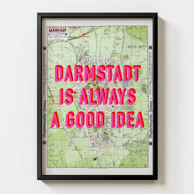 Darmstadt Retro Pop Art Map Print (portrait) - black frame mockup - Magic Posters Bold
