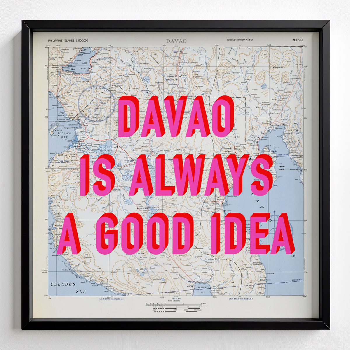 Davao Retro Pop Art Map Print (square) - black frame mockup - Magic Posters Bold