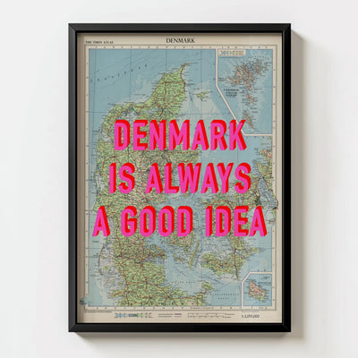 Denmark Retro Pop Art Map Print (portrait) - black frame mockup - Magic Posters Bold