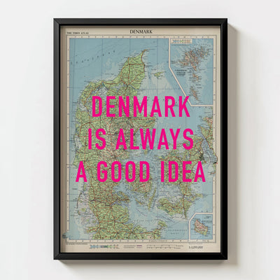 Denmark Retro Pop Art Map Print (portrait) - black frame mockup - Magic Posters