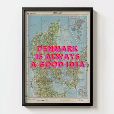 Denmark Retro Pop Art Map Print (portrait) - black frame mockup - Magic Posters