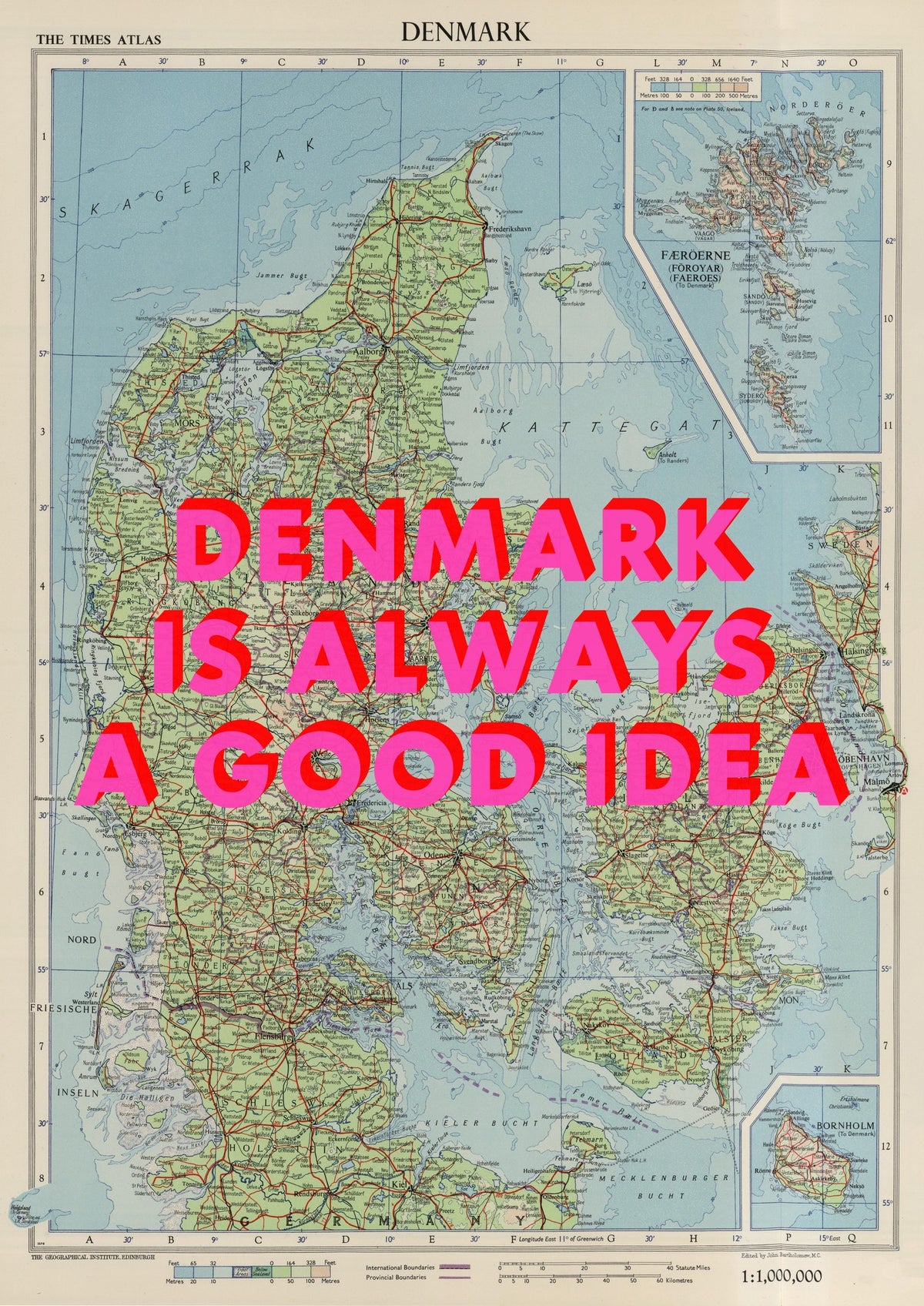 Denmark Retro Pop Art Map Print (portrait) - Magic Posters