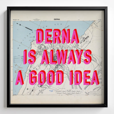Derna Retro Pop Art Map Print (square) - black frame mockup - Magic Posters Bold
