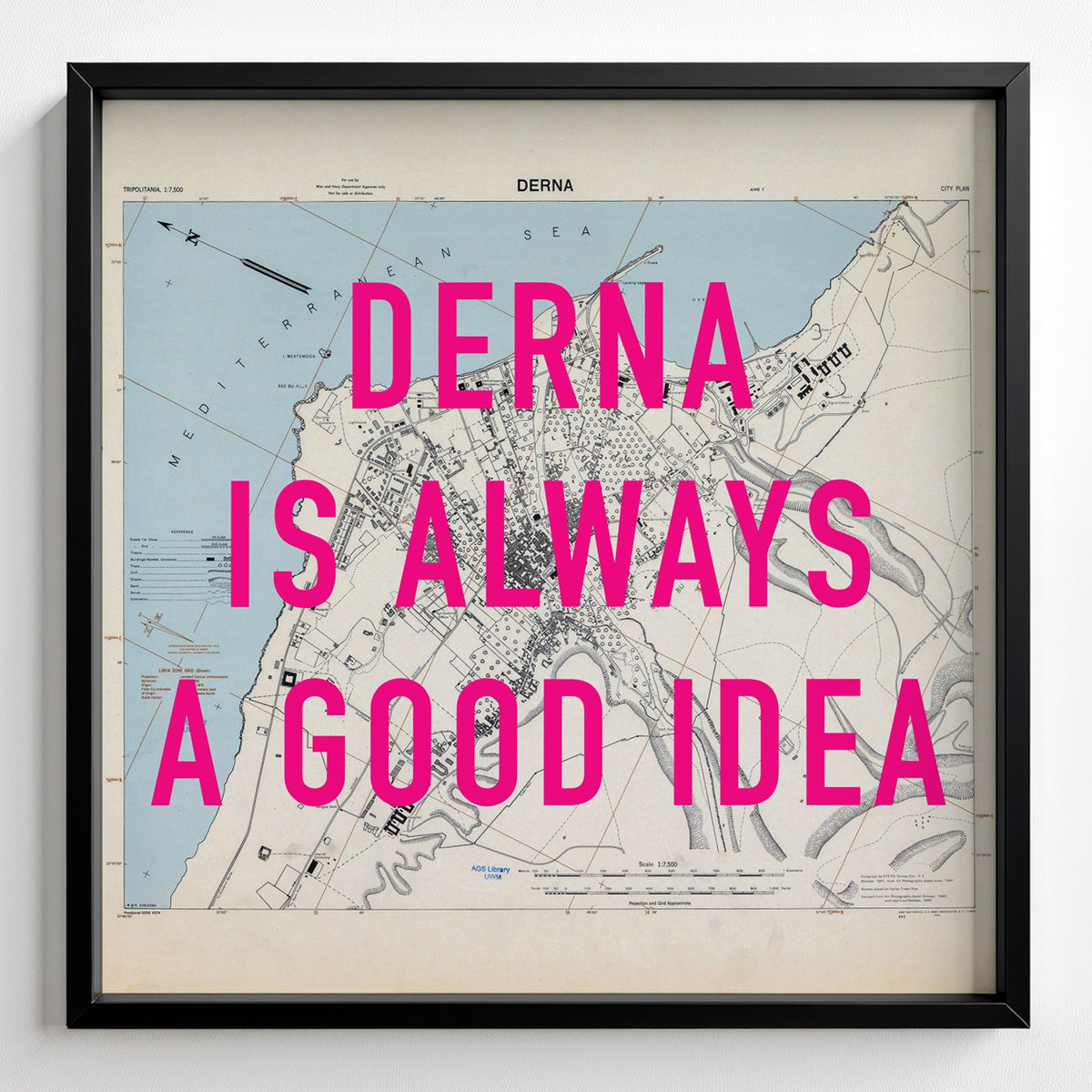 Derna Retro Pop Art Map Print (square) - black frame mockup - Magic Posters