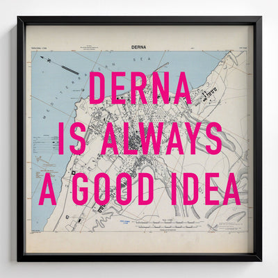 Derna Retro Pop Art Map Print (square) - black frame mockup - Magic Posters