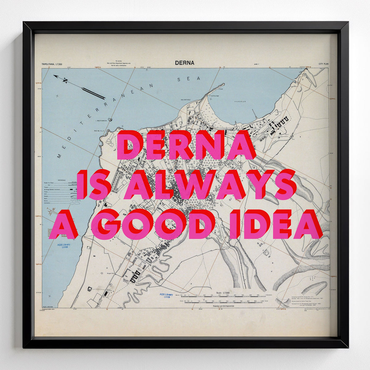 Derna Retro Pop Art Map Print (square) - black frame mockup - Magic Posters