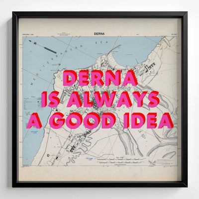 Derna Retro Pop Art Map Print (square) - black frame mockup - Magic Posters