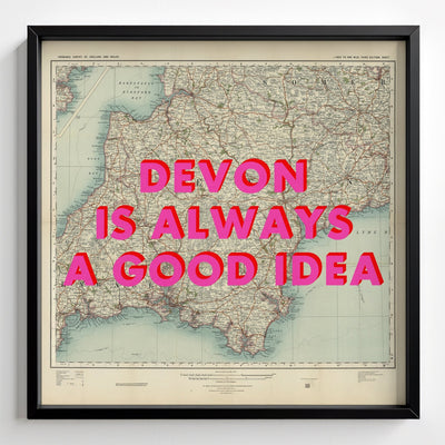 Devon Retro Pop Art Map Print - black frame mockup - Magic Posters