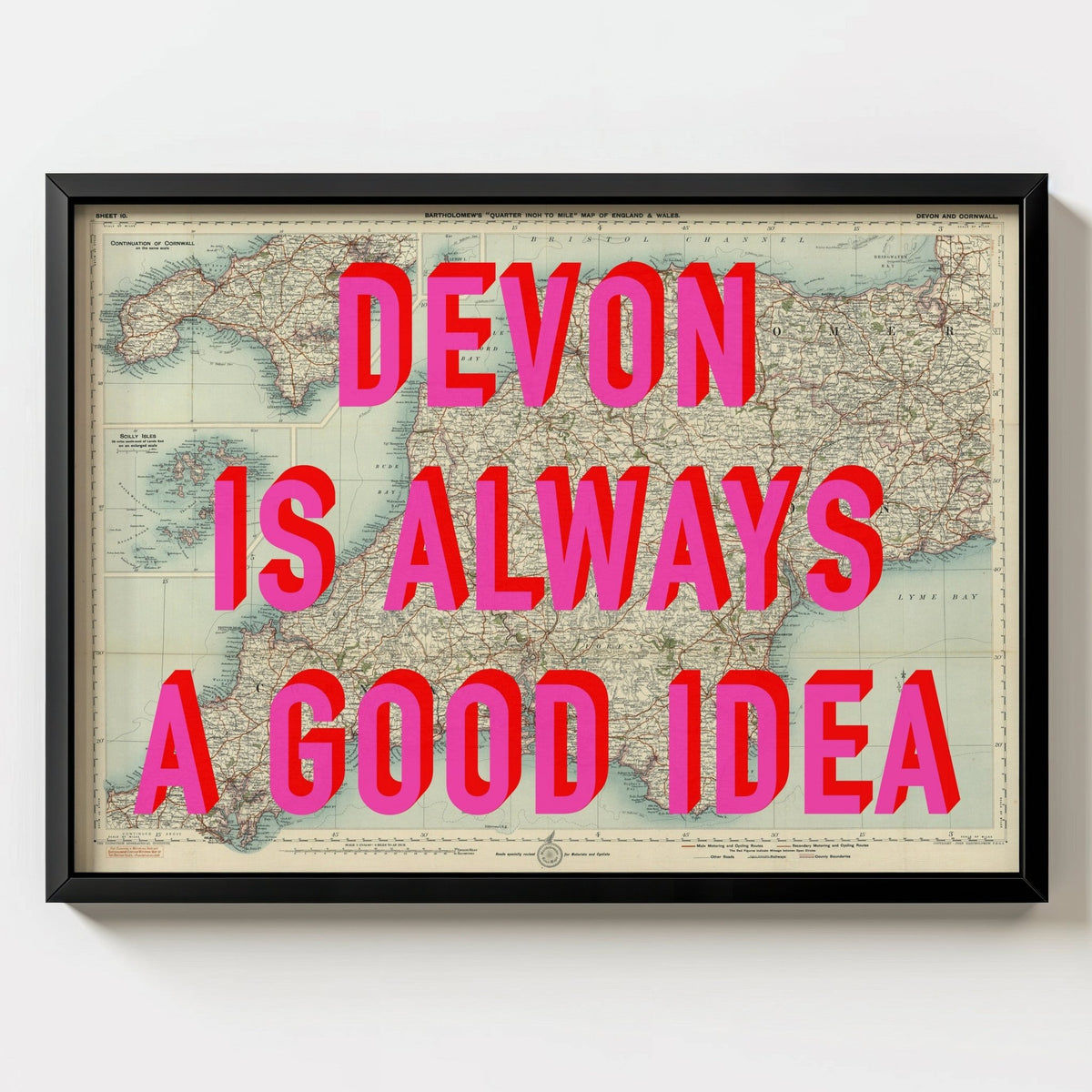 Devon Retro Pop Art Map Print - black frame mockup - Magic Posters