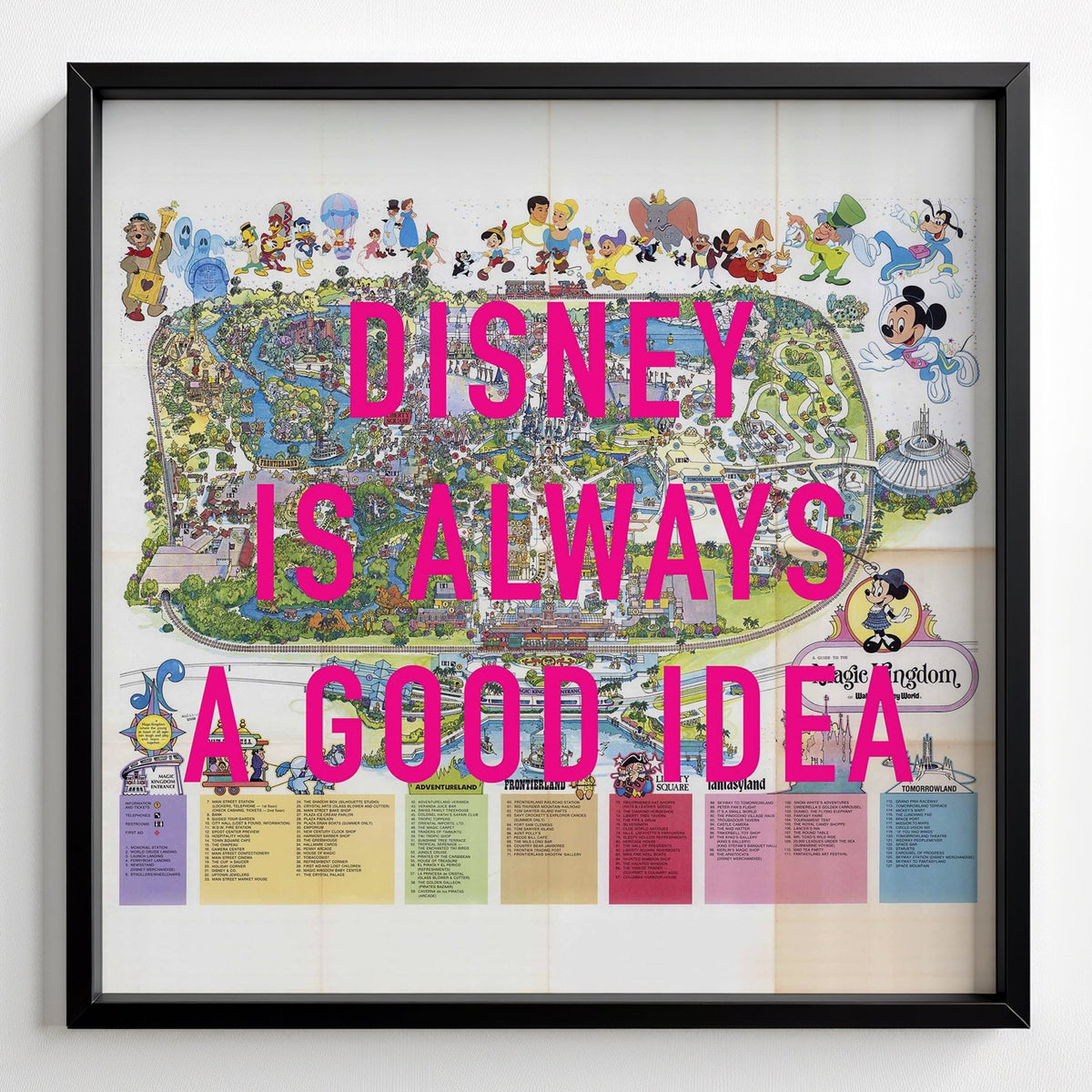 Disney World Florida Retro Pop Art Theme Park Map Print - black frame mockup - Magic Posters