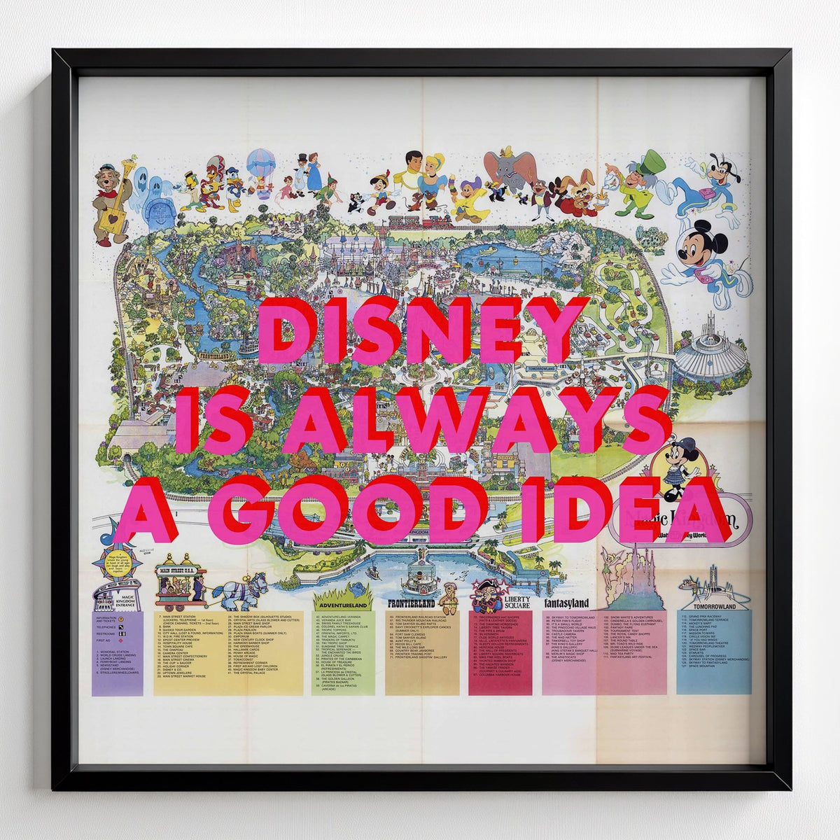Disney World Florida Retro Pop Art Theme Park Map Print - black frame mockup - Magic Posters