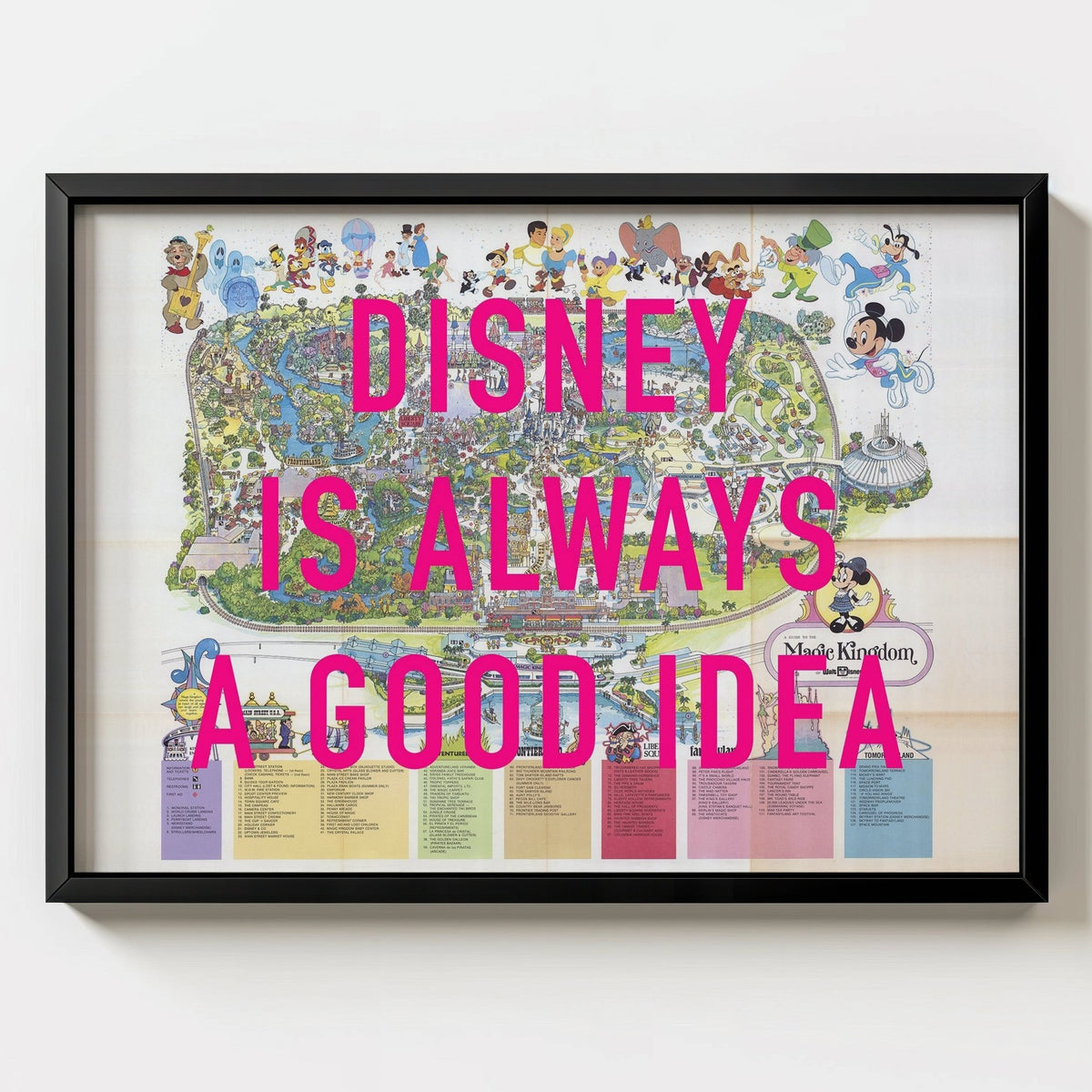 Disney World Florida Retro Pop Art Theme Park Map Print - black frame mockup - Magic Posters