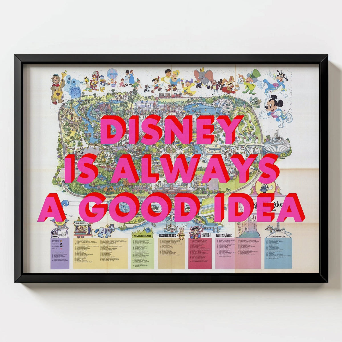 Disney World Florida Retro Pop Art Theme Park Map Print - black frame mockup - Magic Posters