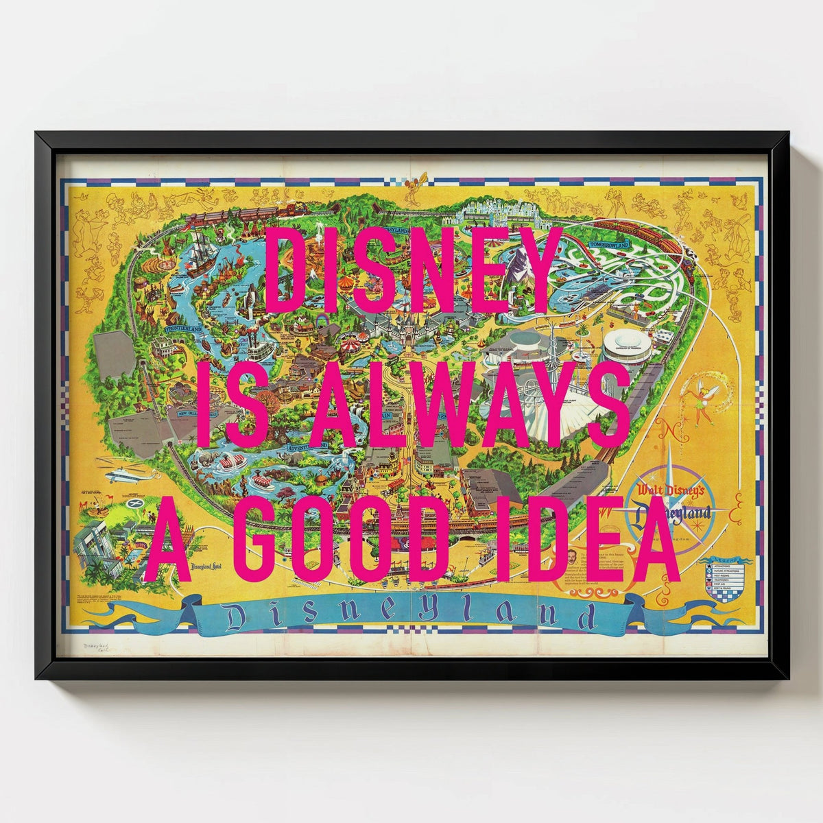 Disneyland California Retro Pop Art Theme Park Map Print - black frame mockup - Magic Posters
