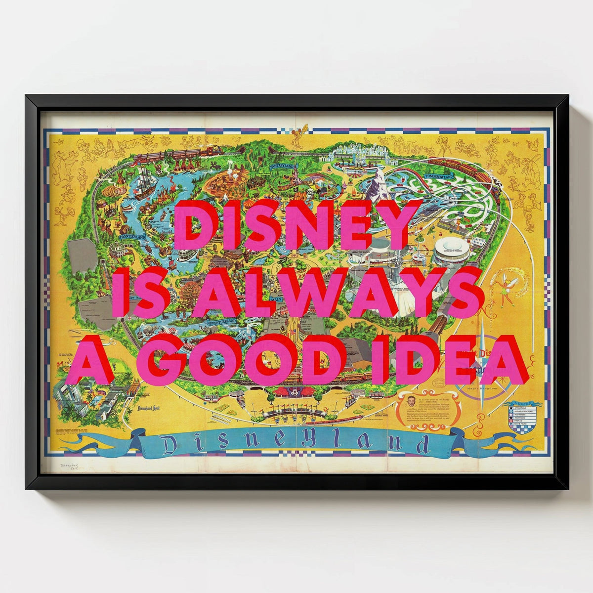 Disneyland California Retro Pop Art Theme Park Map Print - black frame mockup - Magic Posters