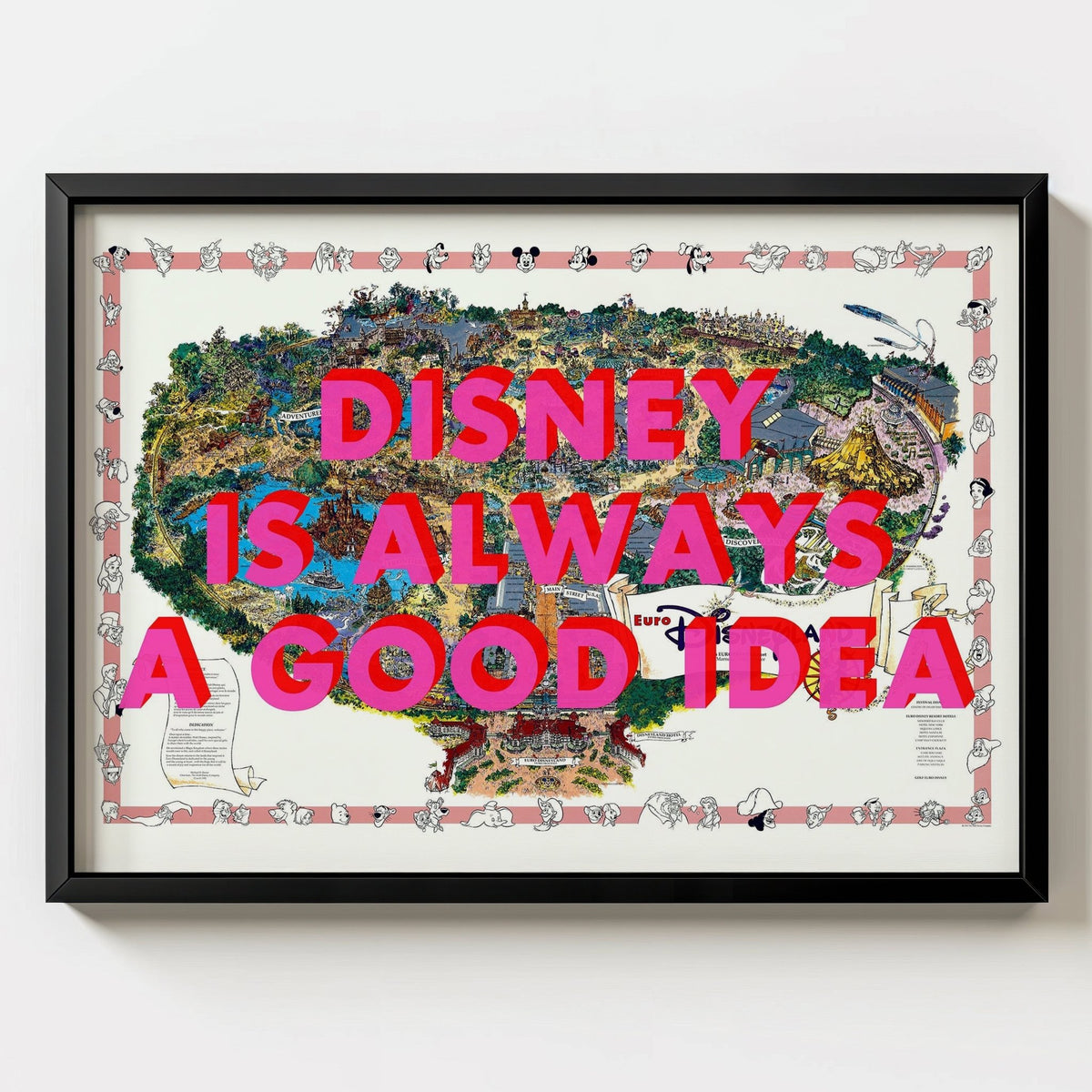 Disneyland Paris Retro Pop Art Theme Park Map Print - black frame mockup - Magic Posters
