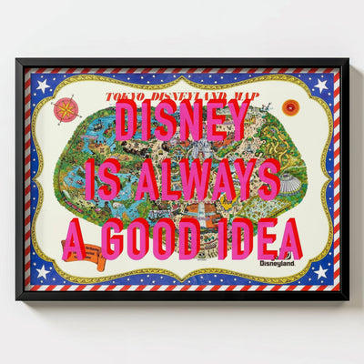Disneyland Tokyo Retro Pop Art Theme Park Japan Map Print - black frame mockup - Magic Posters