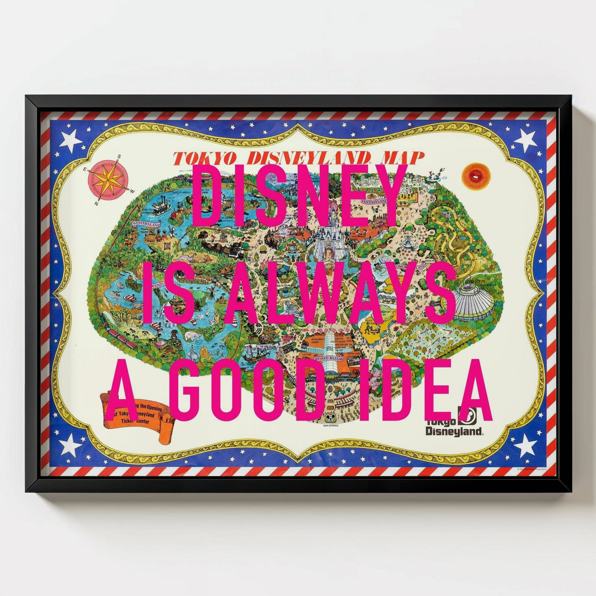 Disneyland Tokyo Retro Pop Art Theme Park Japan Map Print - black frame mockup - Magic Posters