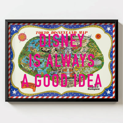 Disneyland Tokyo Retro Pop Art Theme Park Japan Map Print - black frame mockup - Magic Posters