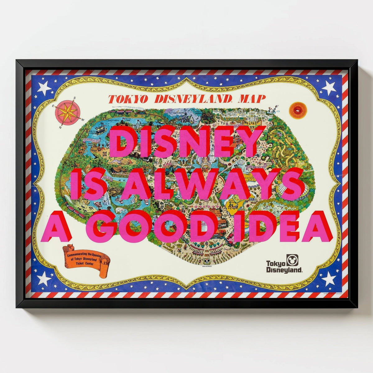 Disneyland Tokyo Retro Pop Art Theme Park Japan Map Print - black frame mockup - Magic Posters