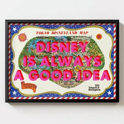 Disneyland Tokyo Retro Pop Art Theme Park Japan Map Print - black frame mockup - Magic Posters