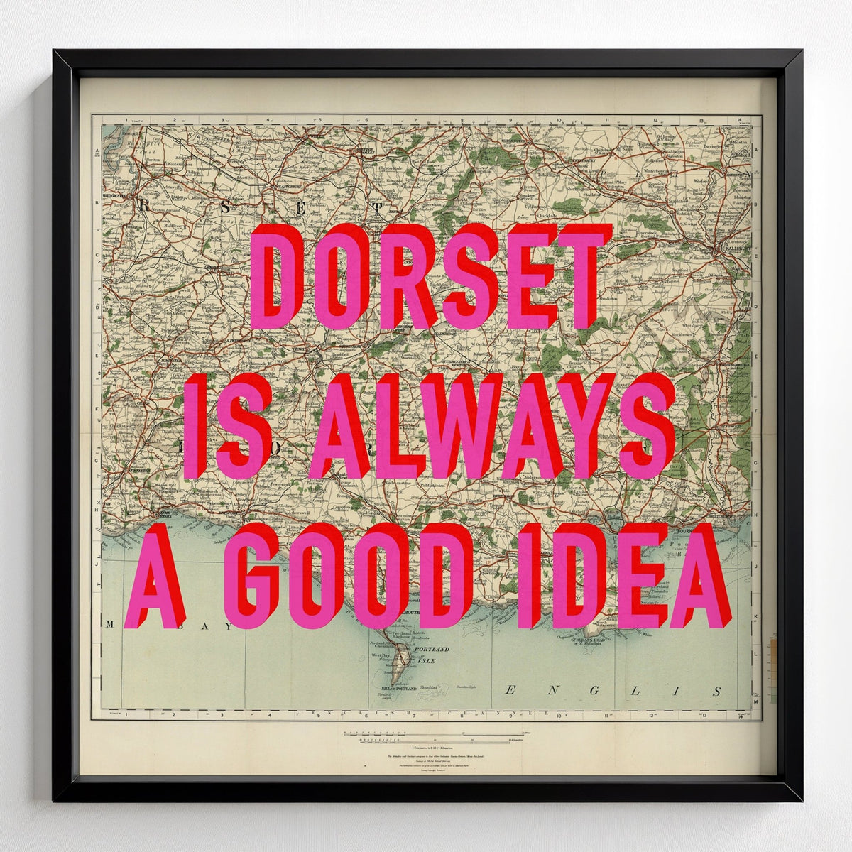 Dorset Retro Pop Art Map Print (Square) - black frame mockup - Magic Posters
