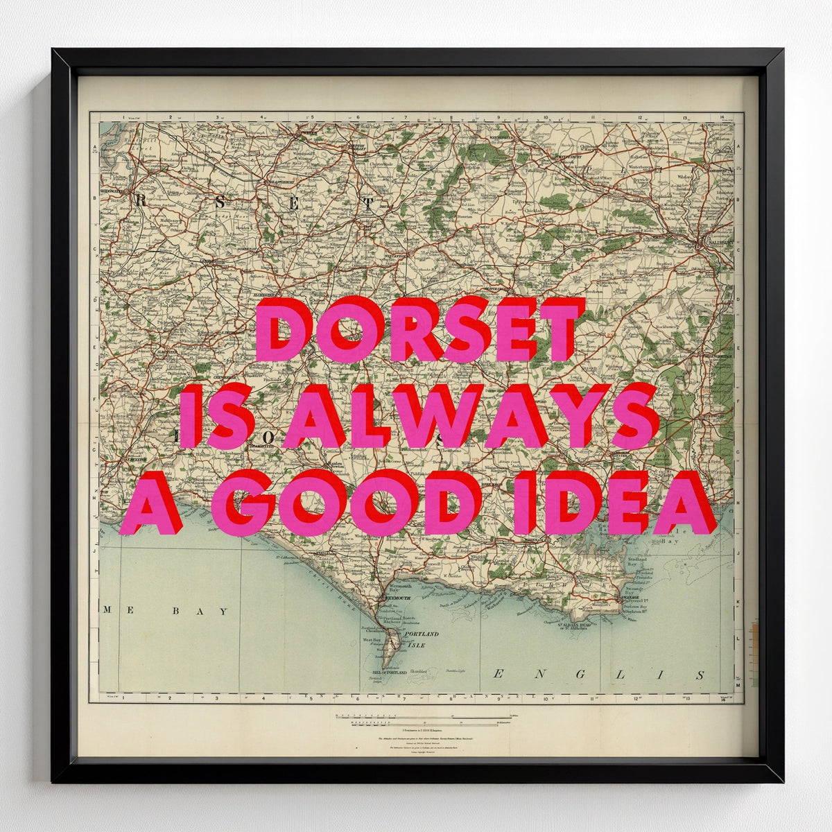 Dorset Retro Pop Art Map Print (Square) - black frame mockup - Magic Posters
