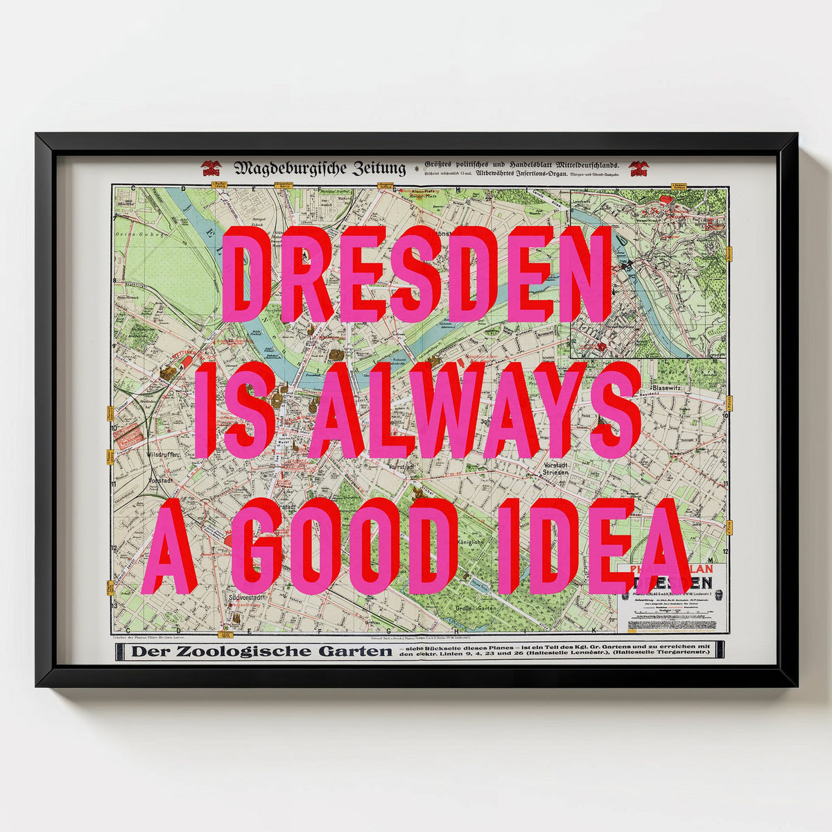 Dresden Retro Pop Art Map Print (landscape) - black frame mockup - Magic Posters Bold