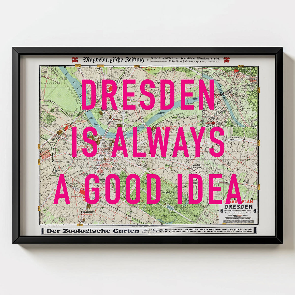 Dresden Retro Pop Art Map Print (landscape) - black frame mockup - Magic Posters