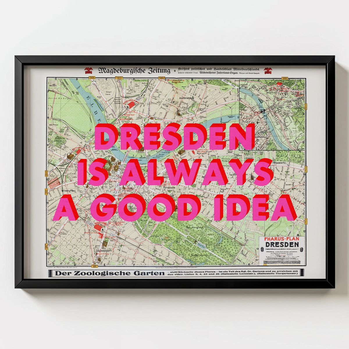 Dresden Retro Pop Art Map Print (landscape) - black frame mockup - Magic Posters