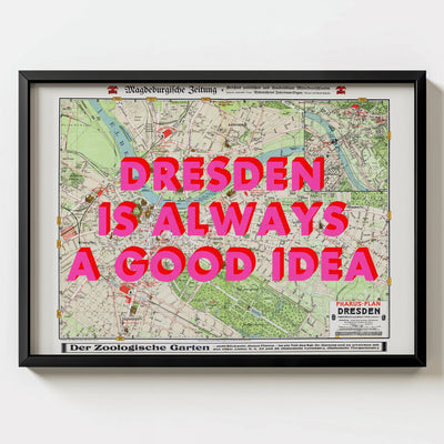 Dresden Retro Pop Art Map Print (landscape) - black frame mockup - Magic Posters