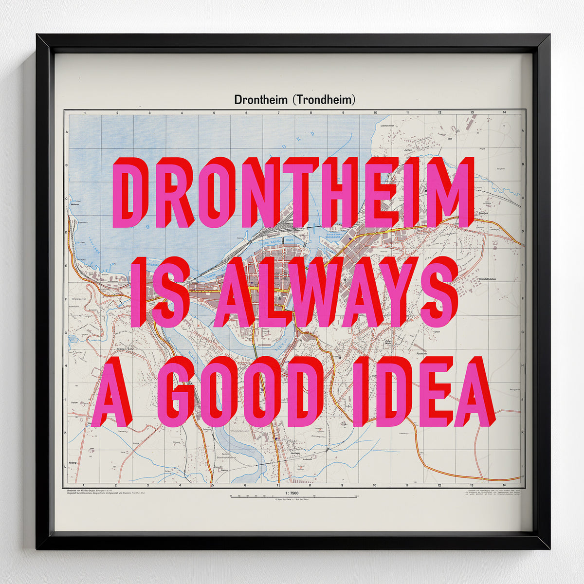 Trondheim (Drontheim) Retro Pop Art Map Print (square) - black frame mockup - Magic Posters Bold