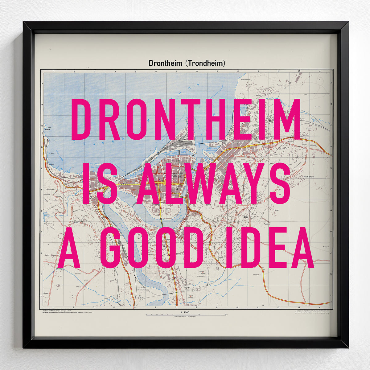 Trondheim (Drontheim) Retro Pop Art Map Print (square) - black frame mockup - Magic Posters