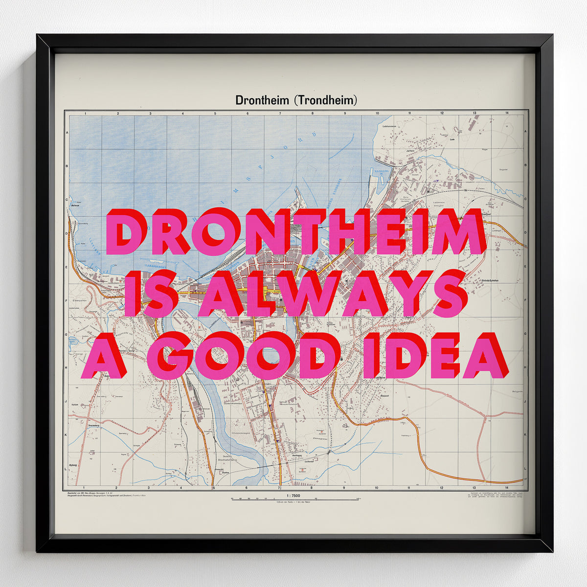 Trondheim (Drontheim) Retro Pop Art Map Print (square) - black frame mockup - Magic Posters
