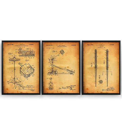 Drummer Set Of 3 Patent Prints - Magic Posters