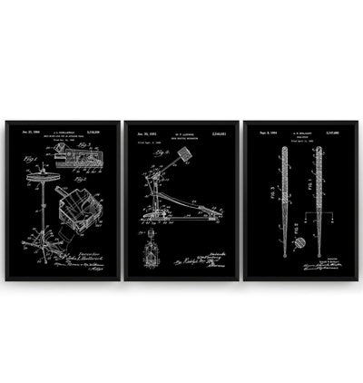 Drummer Set Of 3 Patent Prints - Magic Posters