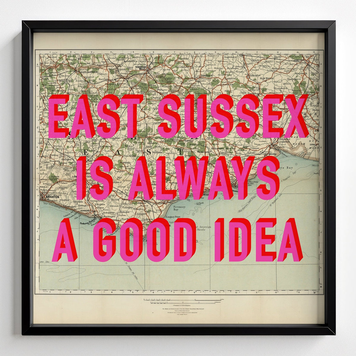 East Sussex Retro Pop Art Map Print - black frame mockup - Magic Posters