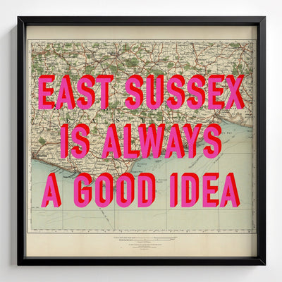 East Sussex Retro Pop Art Map Print - black frame mockup - Magic Posters