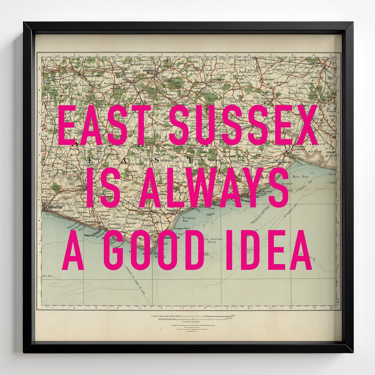 East Sussex Retro Pop Art Map Print - black frame mockup - Magic Posters