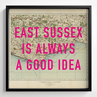 East Sussex Retro Pop Art Map Print - black frame mockup - Magic Posters