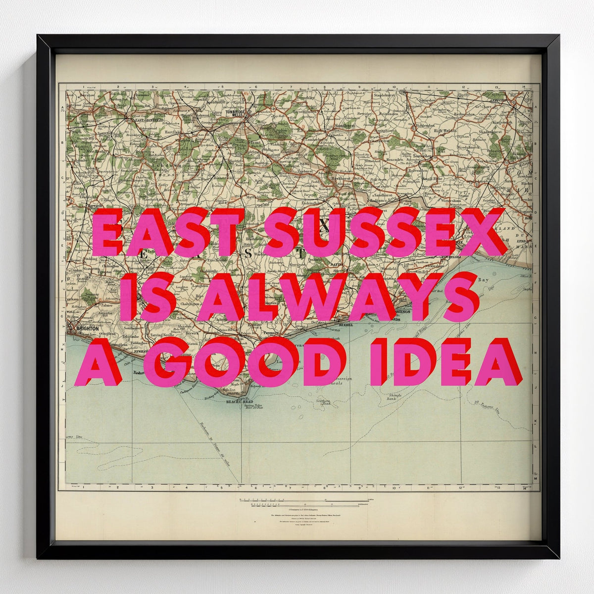 East Sussex Retro Pop Art Map Print - black frame mockup - Magic Posters