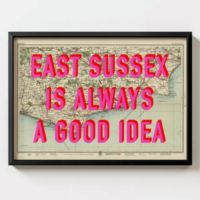 East Sussex Retro Pop Art Map Print - black frame mockup - Magic Posters