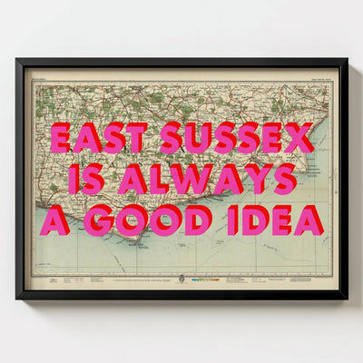 East Sussex Retro Pop Art Map Print - black frame mockup - Magic Posters