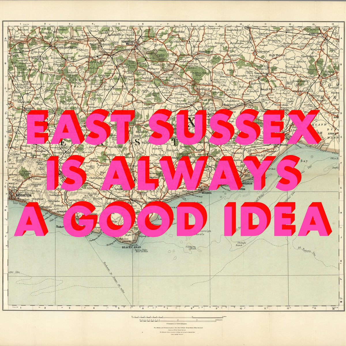East Sussex Retro Pop Art Map Print