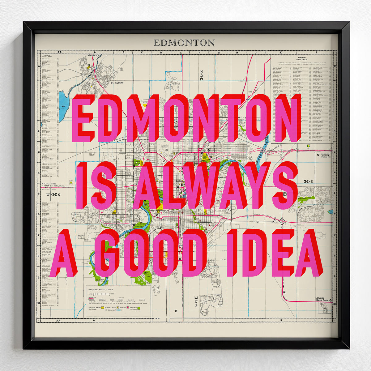 Edmonton Retro Pop Art Map Print (square) - black frame mockup - Magic Posters Bold