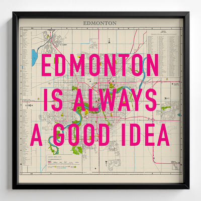 Edmonton Retro Pop Art Map Print (square) - black frame mockup - Magic Posters