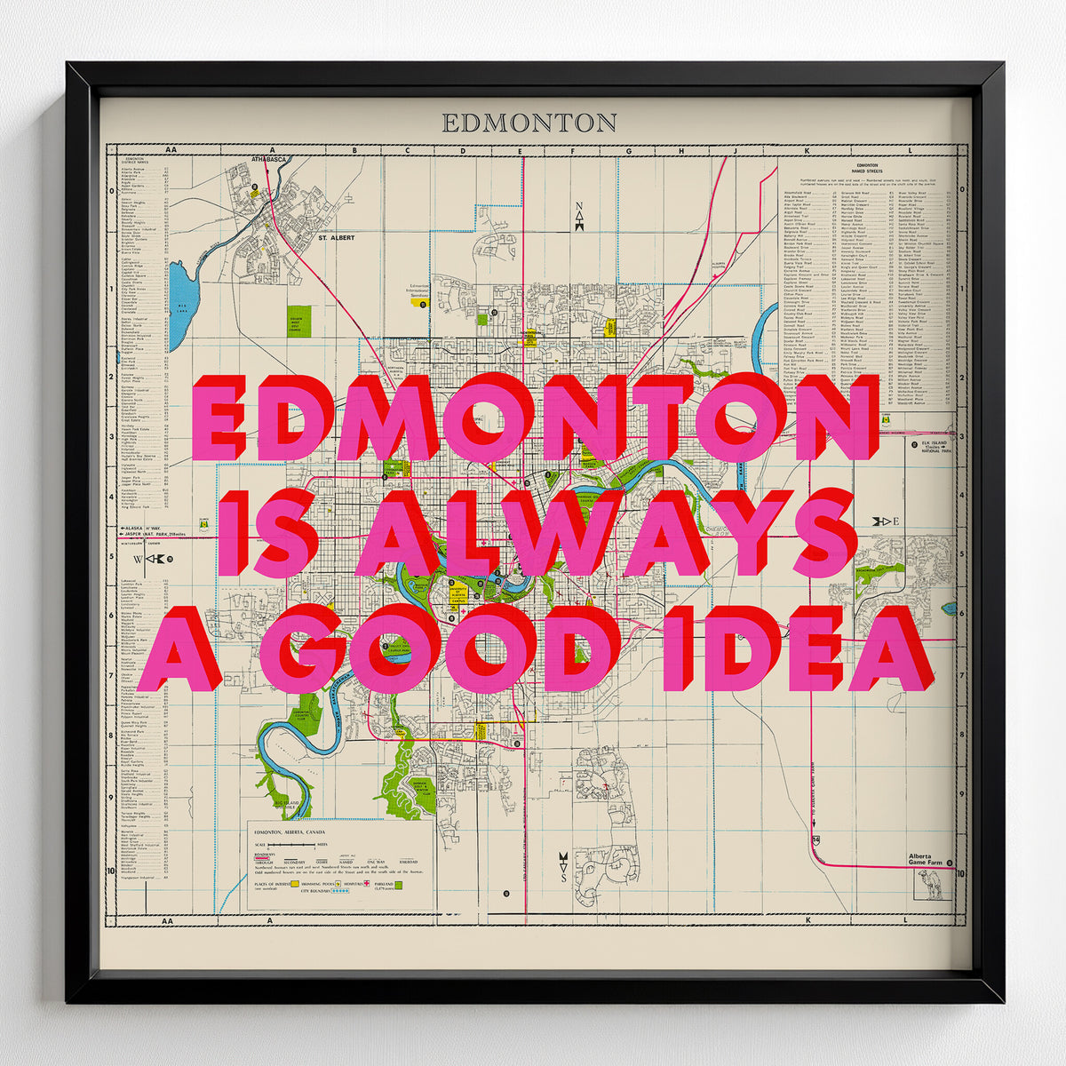 Edmonton Retro Pop Art Map Print (square) - black frame mockup - Magic Posters