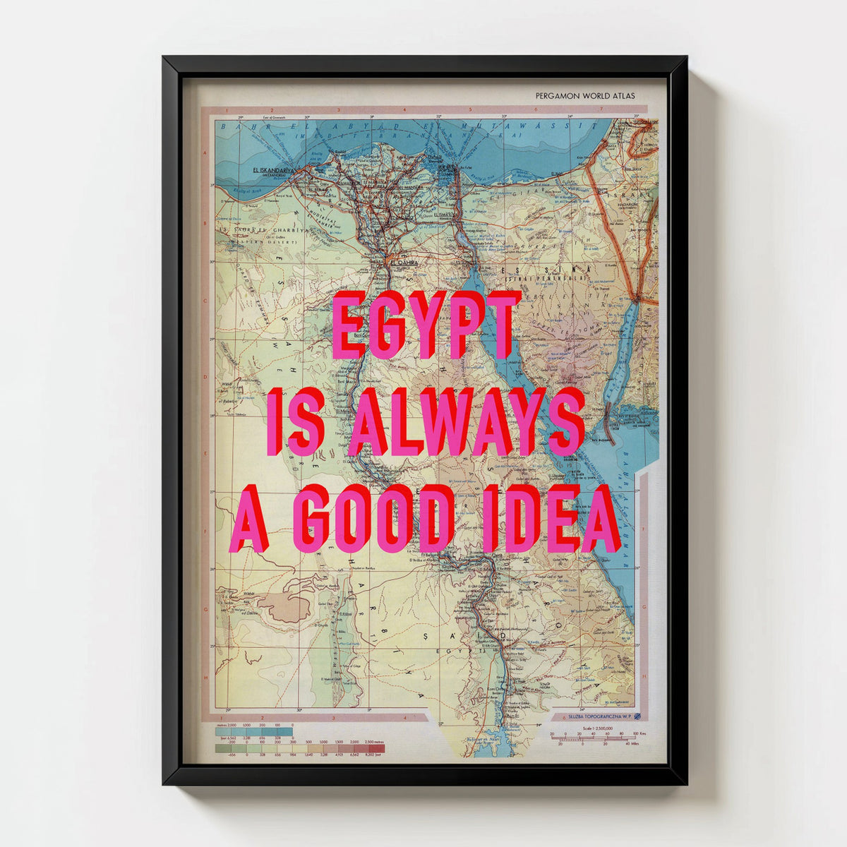 Egypt Retro Pop Art Map Print (portrait) - black frame mockup - Magic Posters Bold