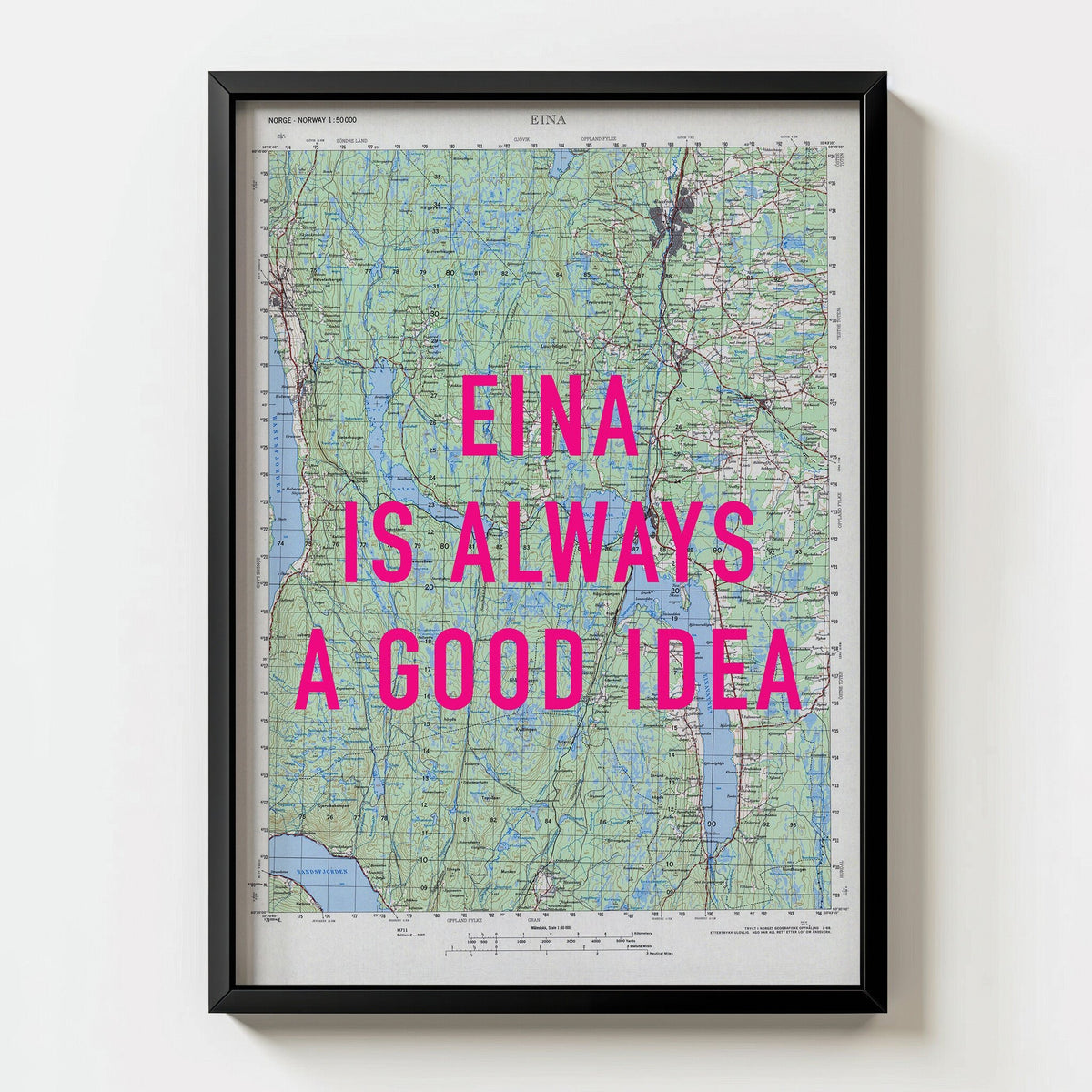 Eina Retro Pop Art Map Print (portrait) - black frame mockup - Magic Posters