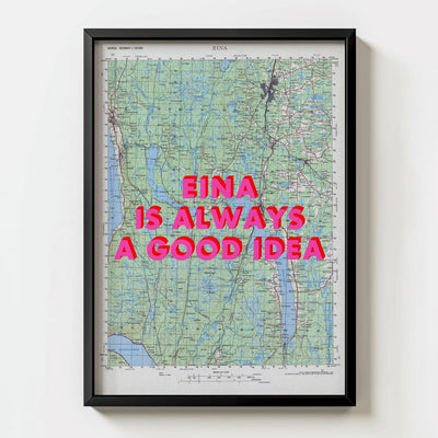 Eina Retro Pop Art Map Print (portrait) - black frame mockup - Magic Posters